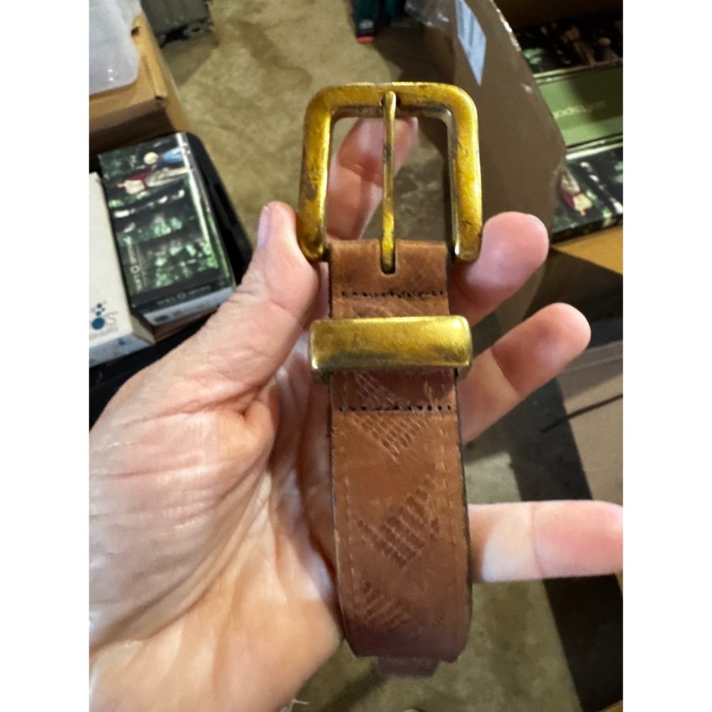 Hollister Mens Brown Leather Belt L0619S Embossed Geometric Brass Buckle Size 36